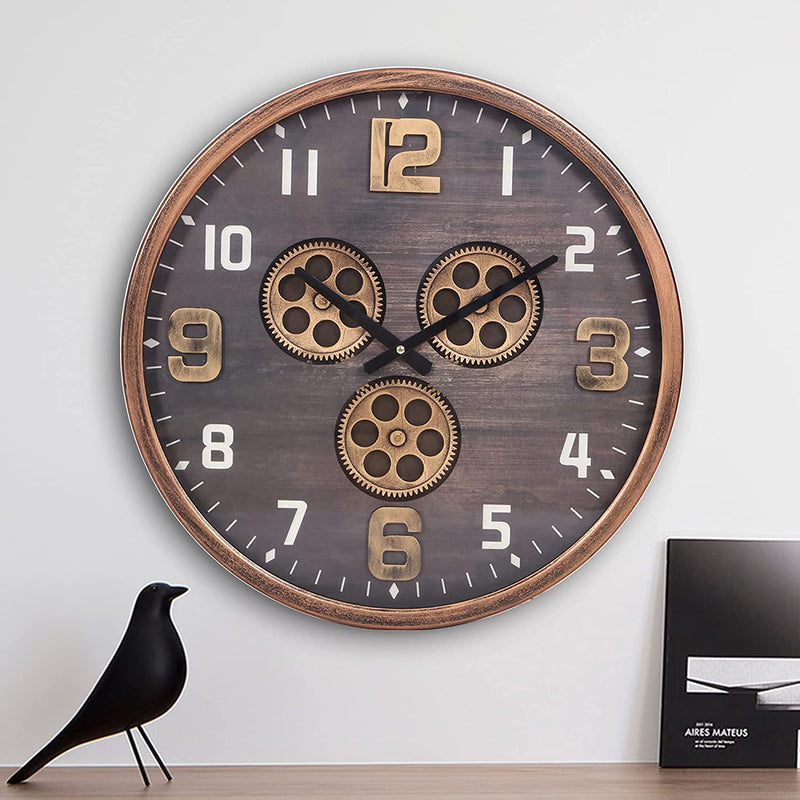 Abaseen Large Modern Decorative Wall Clocks, ( Rustic Gold Moving Gear Clock ) ( 46 CM Round )